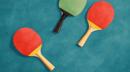 Colorful Table Tennis Paddles on Teal Background for Sports Photography