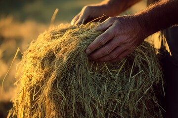 Sun-kissed hands gently cradle a bundle of golden hay, capturing the warmth and essence of rural life and agriculture.