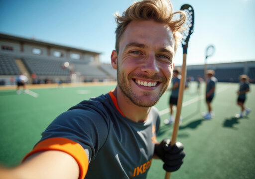 Smiling athlete poses with a hockey stick during practice on sunny field