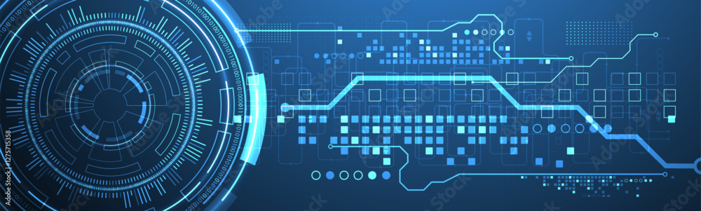 Poster Abstraction on the theme of tech circles. Scientific and technological background. Blue gradient on the background.