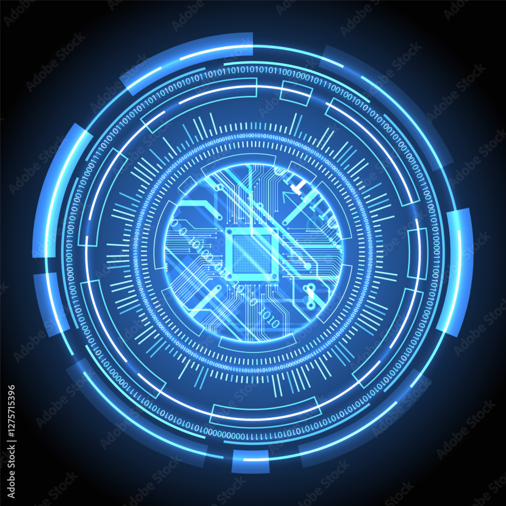 Poster Abstraction on the theme of tech circles. Scientific and technological background. Blue gradient on the background.