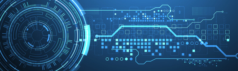 Abstraction on the theme of tech circles. Scientific and technological background. Blue gradient on the background.