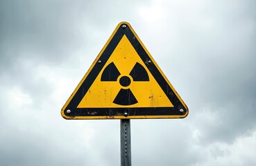 Radioactive hazard sign. Warning of radiation risk and radon gas contamination. Yellow, black trefoil symbol against cloudy sky. Danger of nuclear energy and air pollution.
