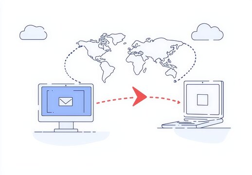 The idea of file transfer is represented by two computers that share and exchange documents through a cutting-edge digital system