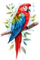 Vivid scarlet macaw perched on branch tropical forest illustration lush environment artistic view wildlife concept