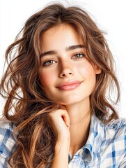 Fototapeta premium Cheerful young woman portrait studio photography bright background close-up confidence and beauty