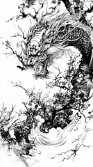 Fototapeta premium fierce dragon illustration with intricate details and floral