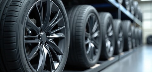 New car tires on storage rack. Auto service shop retail storehouse. Vehicle maintenance concept. Black rubber tyre tread pattern close-up. Winter tire sale at workshop, detail view.