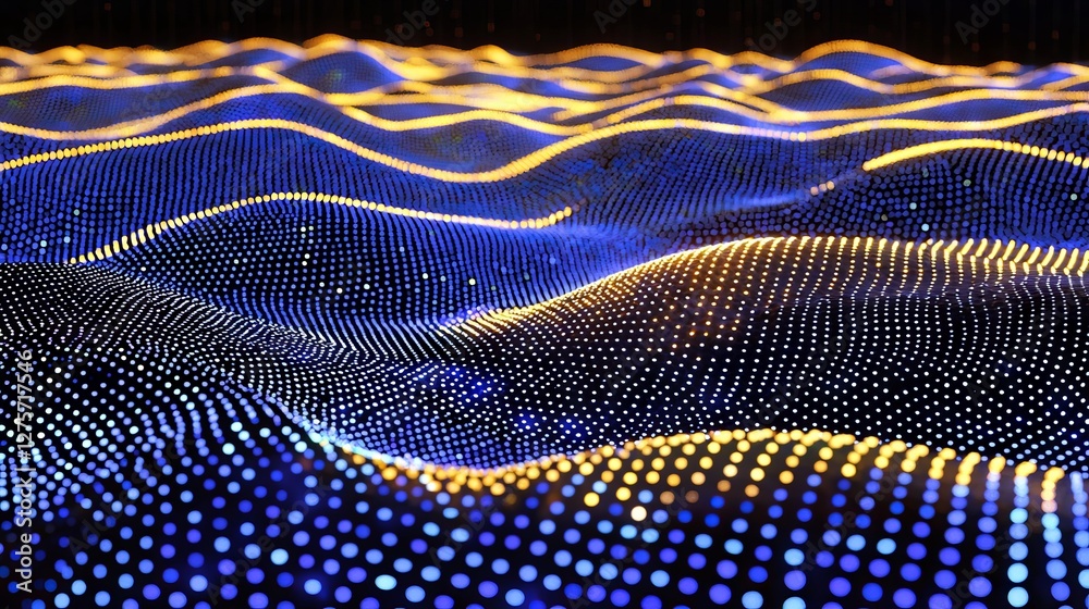 Poster a dark background features a futuristic pattern of dots, accompanied by a colored music wave and big