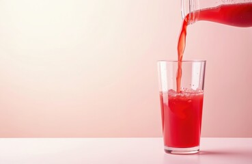 Red juice pouring clear glass on minimalist pastel background. Fresh drink for health, hydration with copy space for design. Brightness, refreshment, purity, energy, summer vibes.