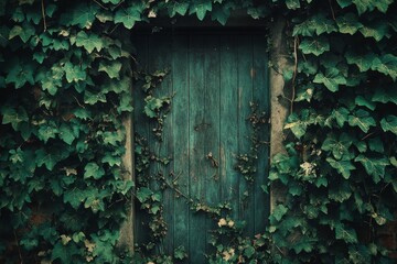 An old, ivy-covered door stands weathered yet enchanting, surrounded by lush greenery, suggesting mystery and history.