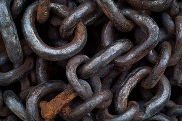 Fototapeta premium Weathered metal chains interlock tightly, exuding strength and history, a testament to endurance and the passage of time.