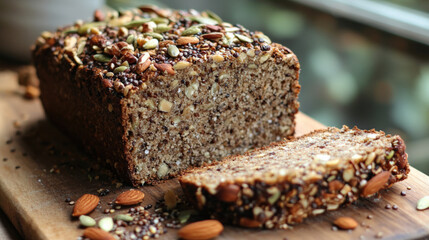 loaf of flourless low carb bread topped with multigrains and seeds, showcasing healthy and nutritious option for bread lovers. Perfect for wholesome diet