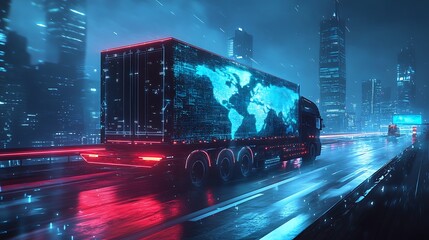 Futuristic Smart Logistics Truck with Digital World Map Driving Through Cyberpunk City at Night

