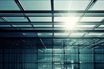 Sunlight streams through glass grids, creating geometric shadows in a sophisticated blend of structure and natural light.