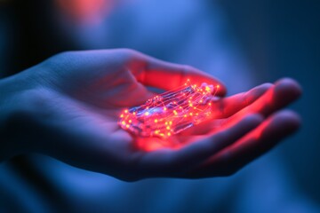 A gentle hand holds glowing fairy lights, casting a soft red illumination amidst a serene blue surrounding, creating a magical atmosphere.