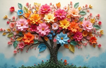 Blossoming 3D floral artistry with leaves and flowers forms mesmerizing wall illusion. Colorful tree illustration on background. Vibrant spectacle with lush artistic whimsical blooming nature.