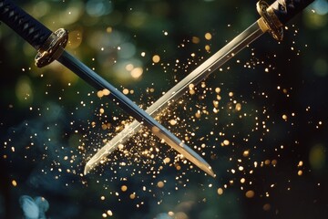 Two ornate swords clash with sparking energy, capturing the drama and precision of a duel in a timeless forest backdrop.