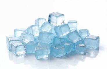 Heap of crushed ice cubes, melting slightly on white background. Glace frozen water, blue, crystal, liquid, transparent material. Cold refreshment. Arctic, winter coolness concept.