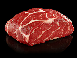 A raw marbled chuck roast sits on a glossy black surface showcasing the red meat and intricate fat patterns.