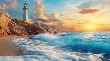 Guiding Light: Lighthouse stands majestically on a rugged coastline as waves crash on the shore during a brilliant sunset.