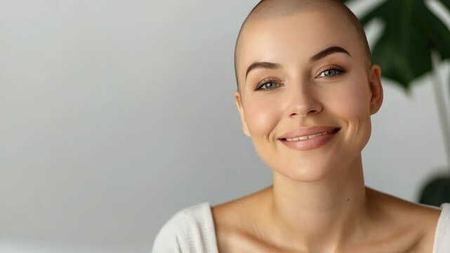 Confident woman with buzz cut embraces joyful expression amidst nature