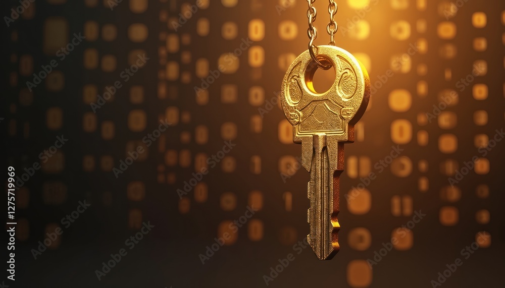 Leinwandbilder Golden key on chain with binary code. Digital security concept shows encryption and access control. Symbolizes secure system, data protection password authentication identity safeguard.