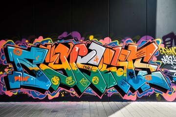 Colorful Graffiti Mural with Abstract Shapes, Symbols, and Letters on Urban Wall