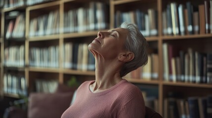 Shoulder stretch by a senior woman in a calm library. Featuring flexibility and mindfulness