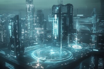 A futuristic energy grid powered entirely by renewable sources, displayed through dynamic data visualizations on a holographic interface.