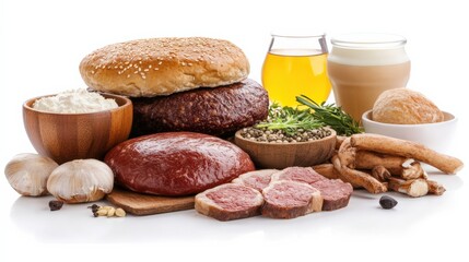 Fototapeta premium Assorted fresh ingredients for a hearty meal, featuring meats, dairy, and herbs on a clean surface