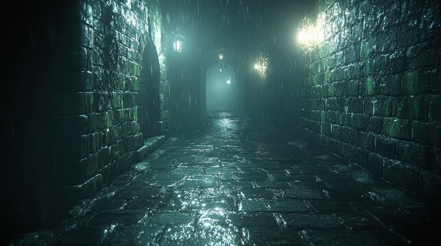 Rainy alleyway, stone walls, night, lights, mystery