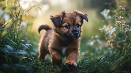 Cute puppy exploring a lush green field during the golden hour of late afternoon