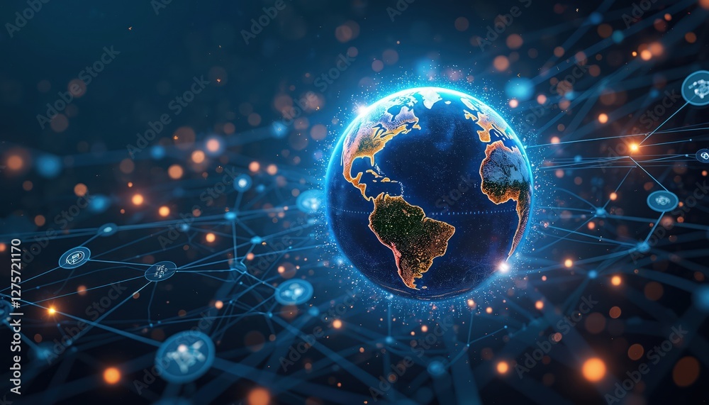 Poster Global communication network concept with Planet Earth in cyberspace. Futuristic design with interconnected nodes. Perfect solution, software, telecom, science, tech, innovation, business, worldwide