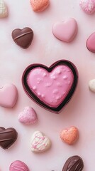 Fototapeta premium Heart-Shaped Chocolates and Macarons - A Romantic Treat