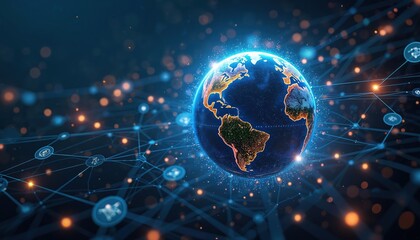 Obraz premium Global communication network concept with Planet Earth in cyberspace. Futuristic design with interconnected nodes. Perfect solution, software, telecom, science, tech, innovation, business, worldwide
