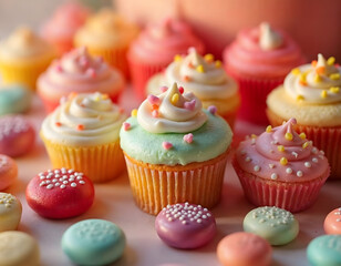 Colorful cupcakes with frosting and sprinkles arranged on a table with macarons