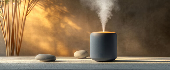 Soft mist rises from a modern diffuser placed on a minimalist table with smooth stones and soft lighting highlighting the ambiance