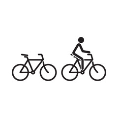 Stickman with cycle to school or work. Bike icon, Stick figure man on bicycle. Flat vector cyclist sign, Sport logo