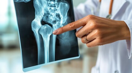 Doctor examining hip x-ray, pointing at fracture.