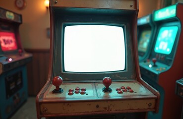 Retro arcade machine with blank screen. Vintage room with gaming cabinet, joystick, buttons. Entertainment tech of old school leisure video game display. Console control fun, nostalgia, eighties