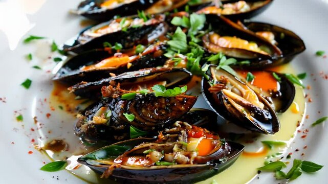 Deliciously spicy mussels: a gourmet delight of fresh shellfish garnished with vibrant herbs and spices