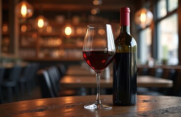 Red wine glass and bottle on rustic wooden table against dark background. Luxury wine drink concept for restaurant bar. Celebrate special event with wine.