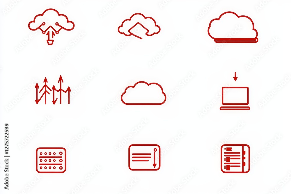 Poster line icons for data transfer and synchronization, presented in a modern linear icon set for data exc