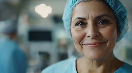 Smiling healthcare professional in medical scrubs showing compassion and dedication in a hospital setting, conveying warmth and confidence in patient care