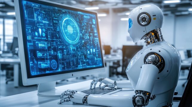 AI Automation at Work: A sophisticated robot interacts with a computer, displaying complex data and a digital interface. This image captures the future of work, intelligence.