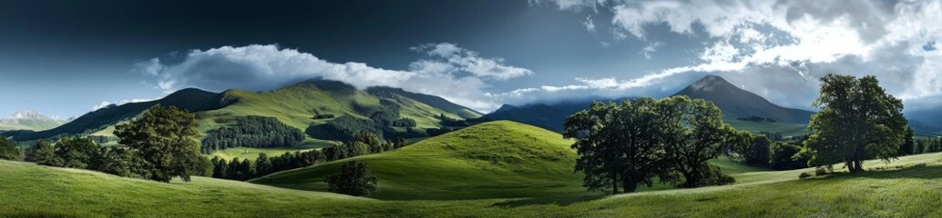Obraz premium The scenery includes panoramic views of mountains, green hills, and meadows, accompanied by morning light and fog