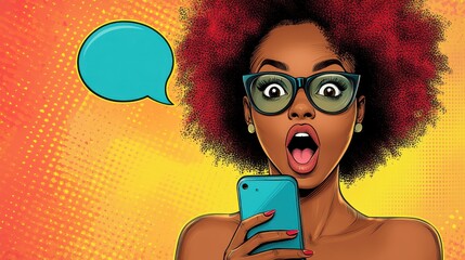Surprised woman with glasses holds smartphone while expressing shock in colorful cartoon style