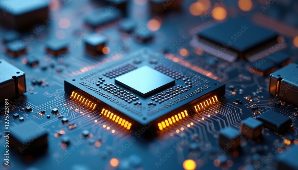 Poster Close-up of modern microprocessor on a circuit board with complex interconnected architecture, transistors and orange glow lights. High tech equipment for science and digital automation.