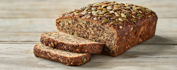 Freshly baked rustic multigrain bread topped with seeds, sliced and ready to enjoy. This healthy loaf is perfect for sandwiches or as side with meals
